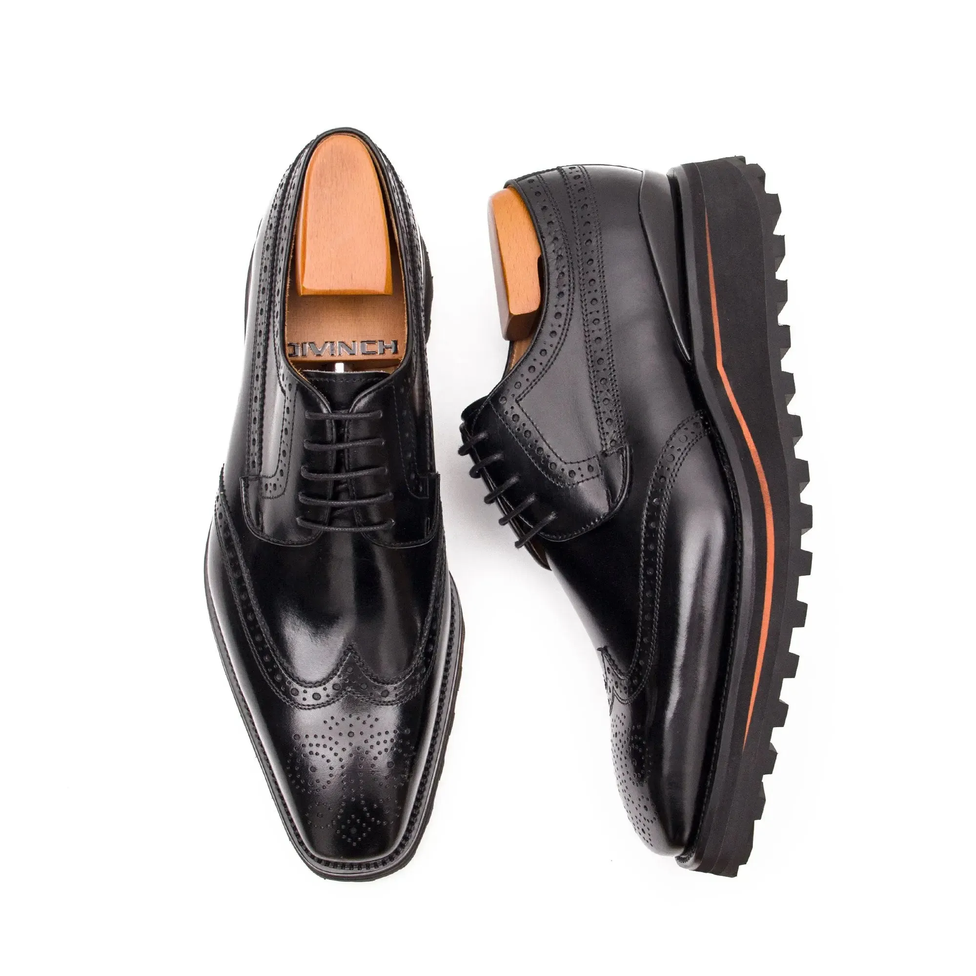 Thick-soled calfskin formal brogue derby shoes Black