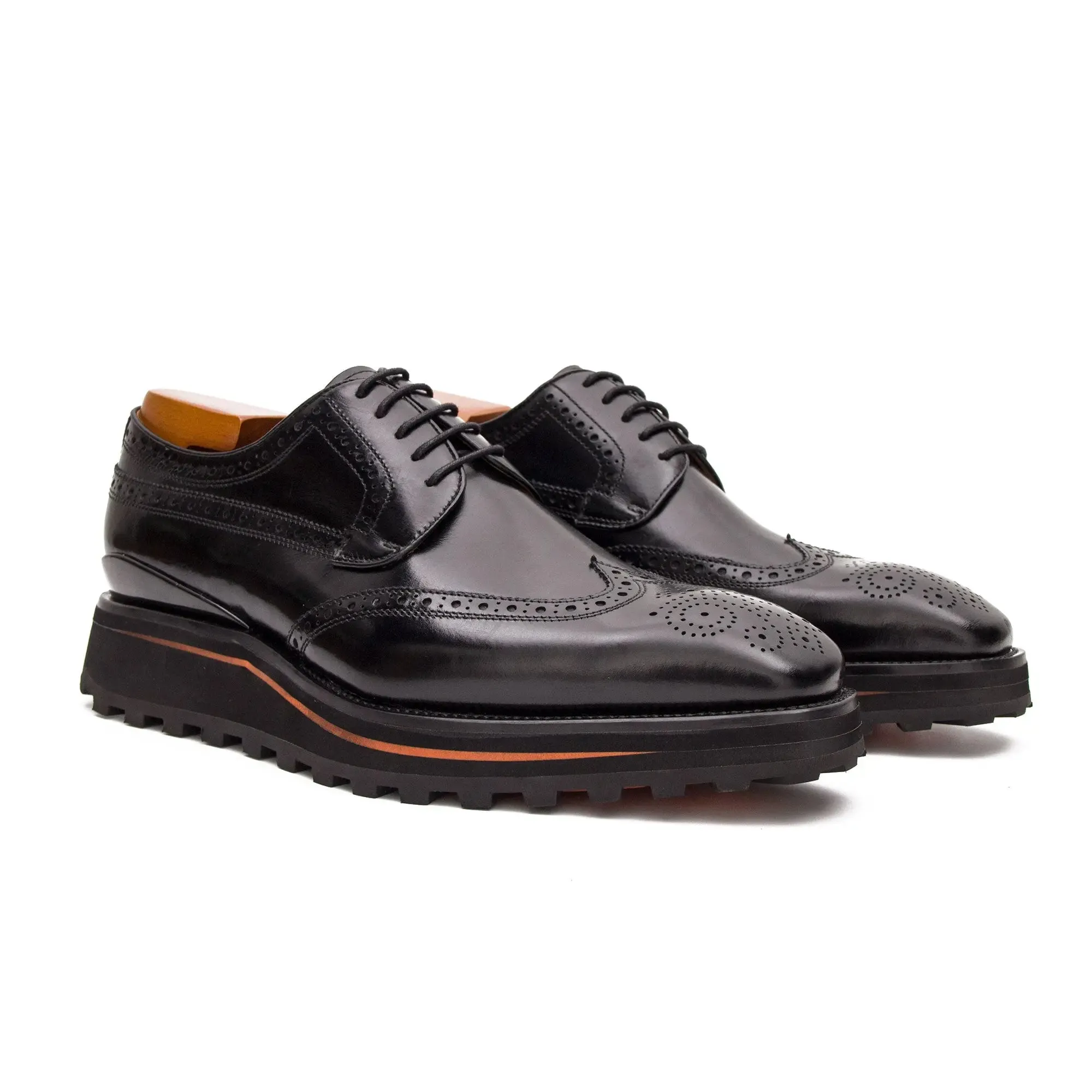 Thick-soled calfskin formal brogue derby shoes Black