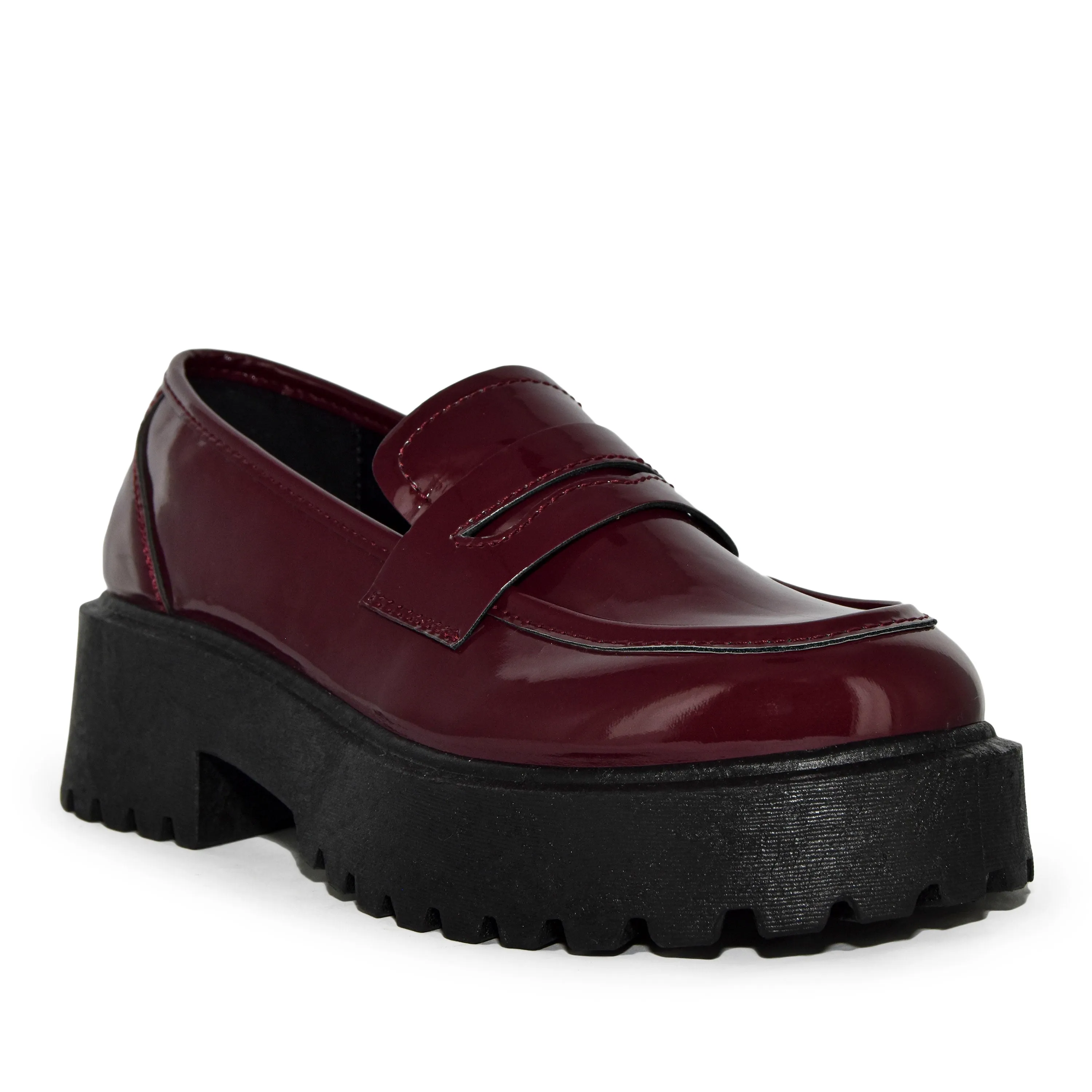 TIPPY-07 Patent Chunky Heel Platform Slip-On Penny Loafer Flats