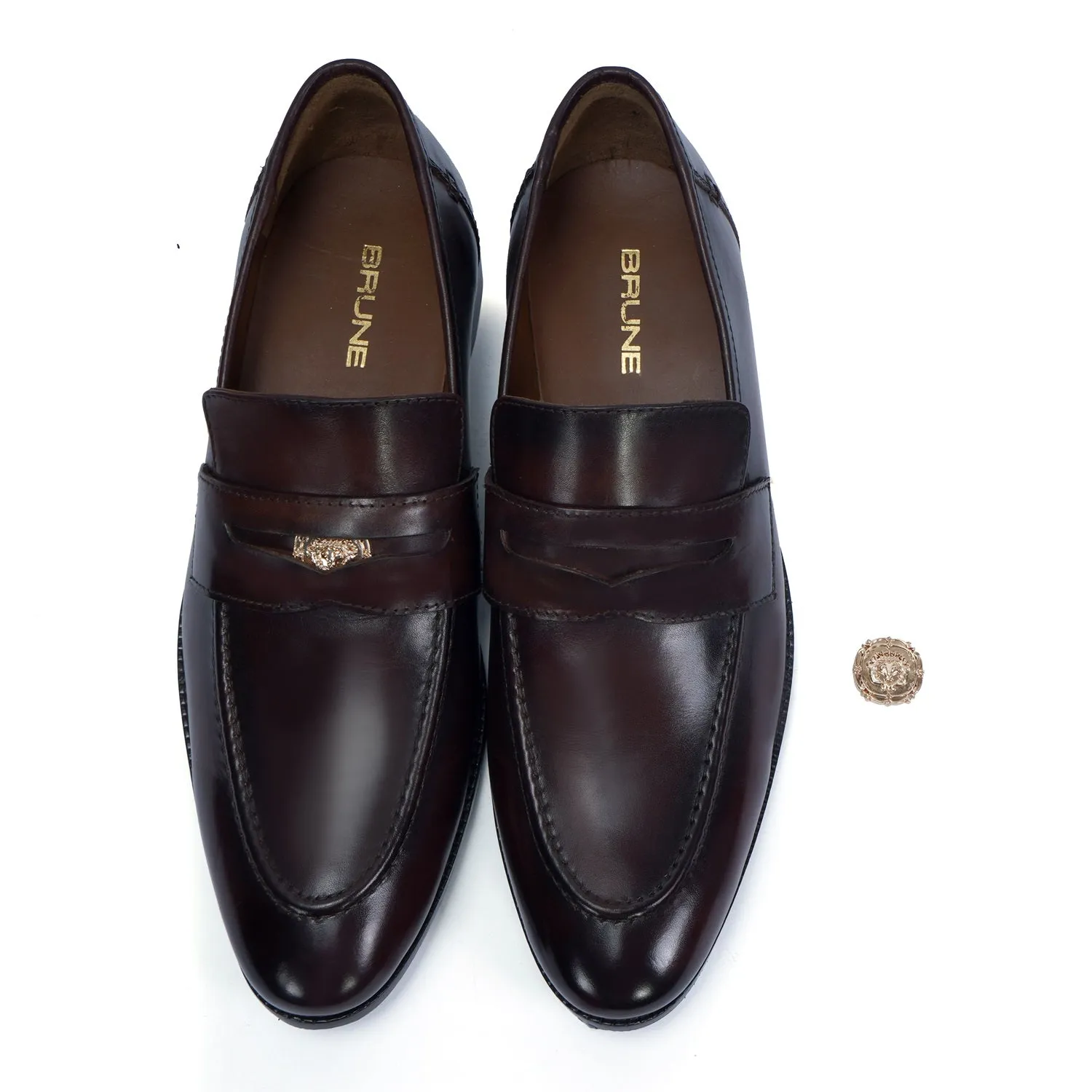 Trademark Lion Logo Penny Loafers in Dark Brown Leather