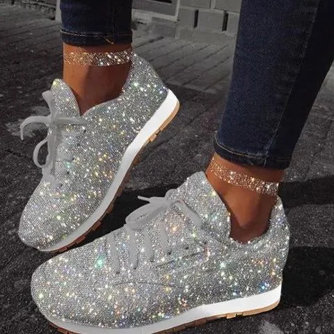 Women Glitter Rhinestone Shiny Crystal Platform Comfy Sneakers