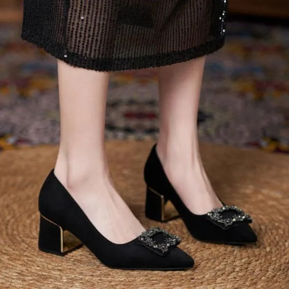 Women Suede Metal Buckle Pump Block Heel Pointed Toe Mid Heels