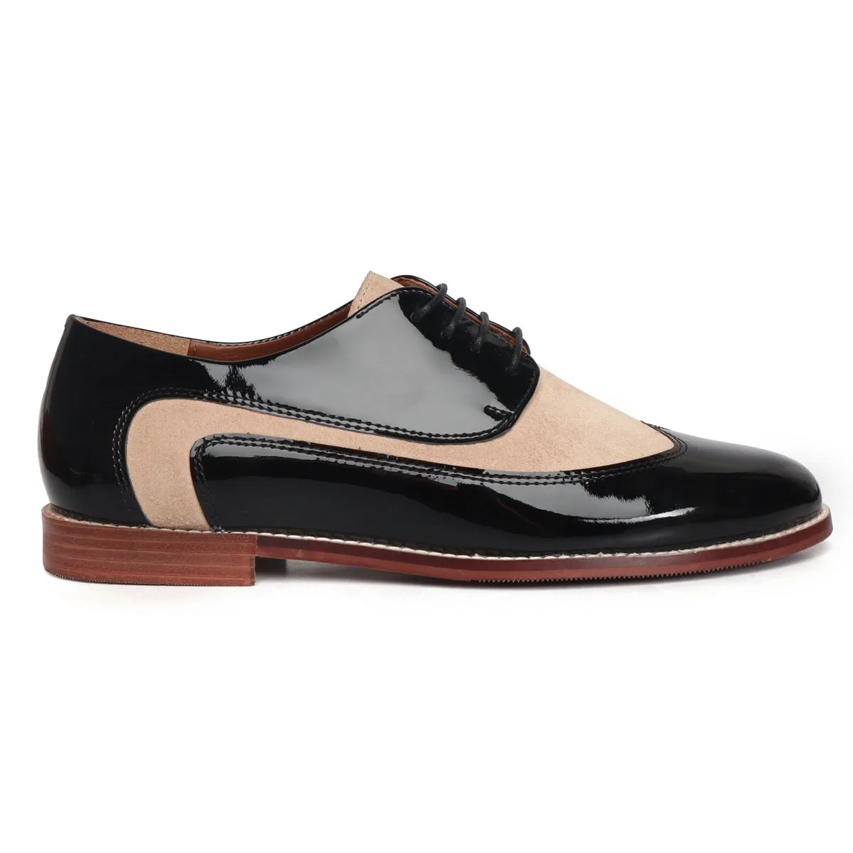 Women's Black Patent & Beige Suede Leather Derby Formal Shoes by Brune & Bareskin