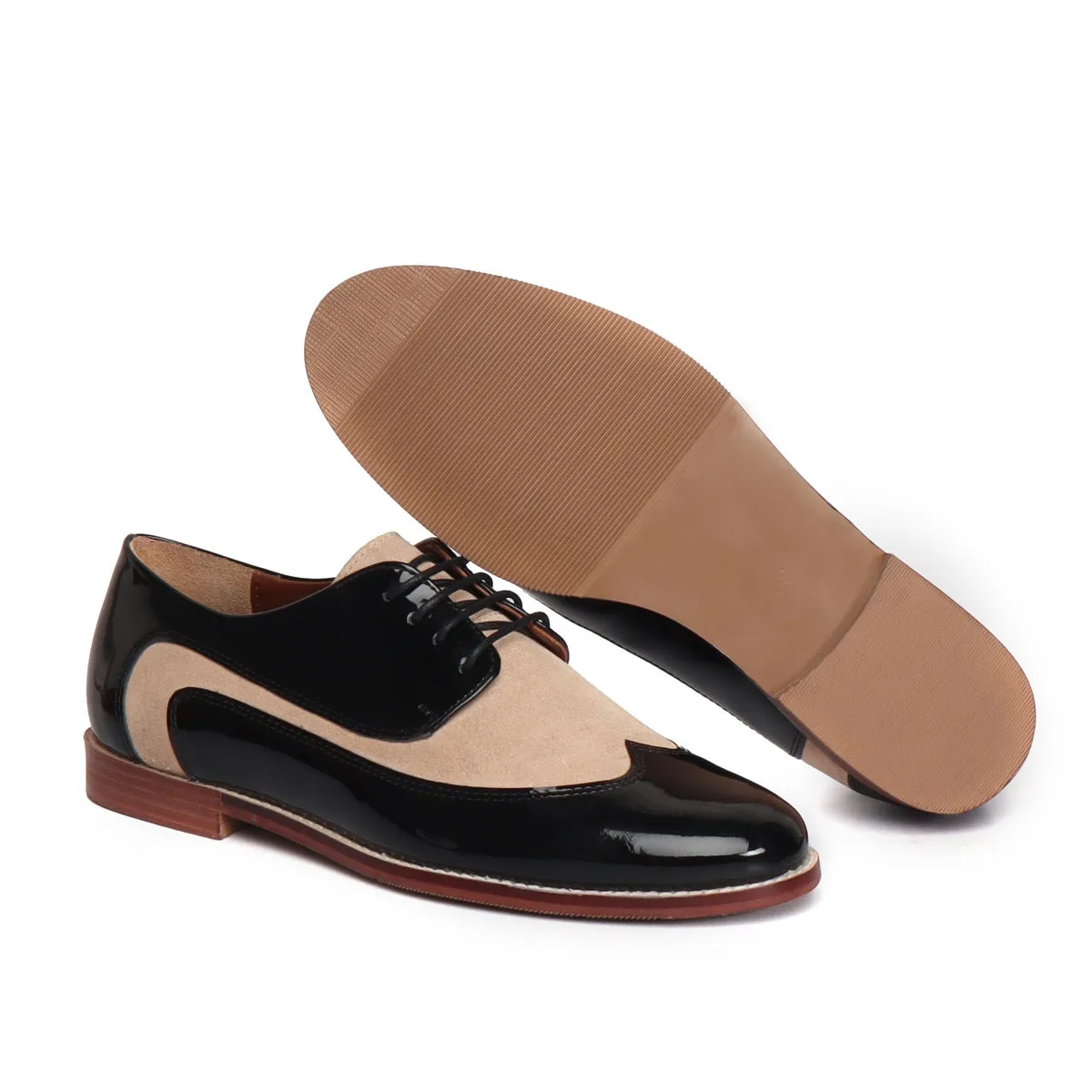 Women's Black Patent & Beige Suede Leather Derby Formal Shoes by Brune & Bareskin