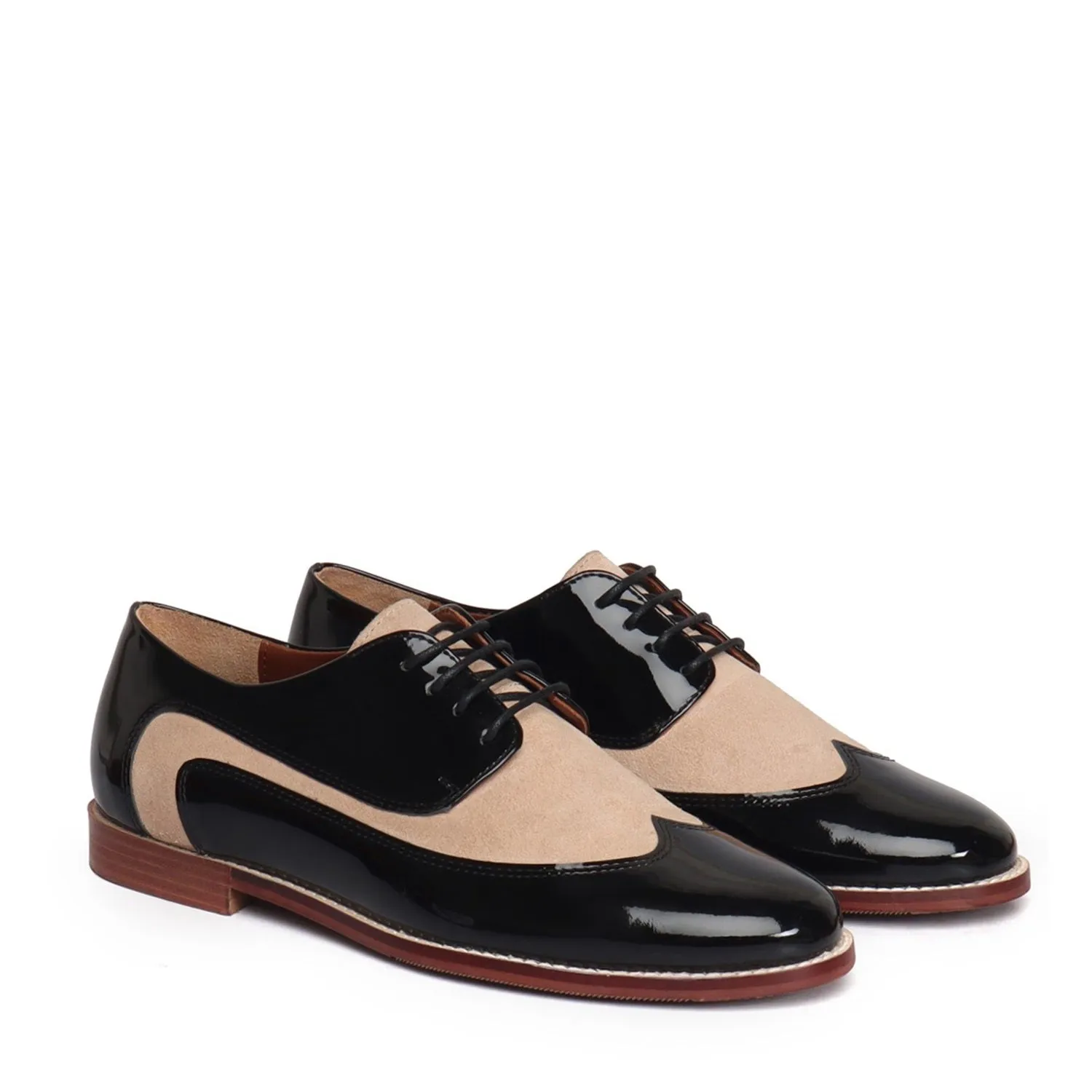 Women's Black Patent & Beige Suede Leather Derby Formal Shoes by Brune & Bareskin