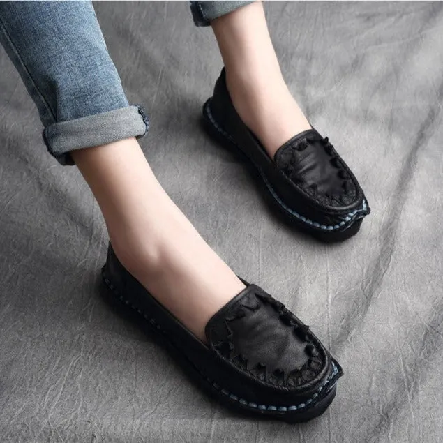 Womens Handmade Retro Leather Loafers Flat Shoes