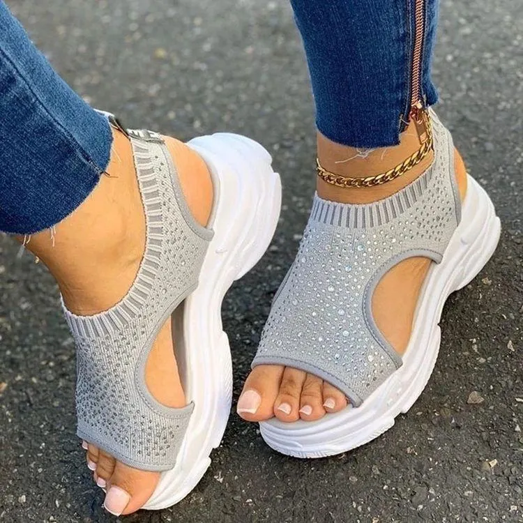 Women's thick platform rhinestne flyknit sneakers sandals