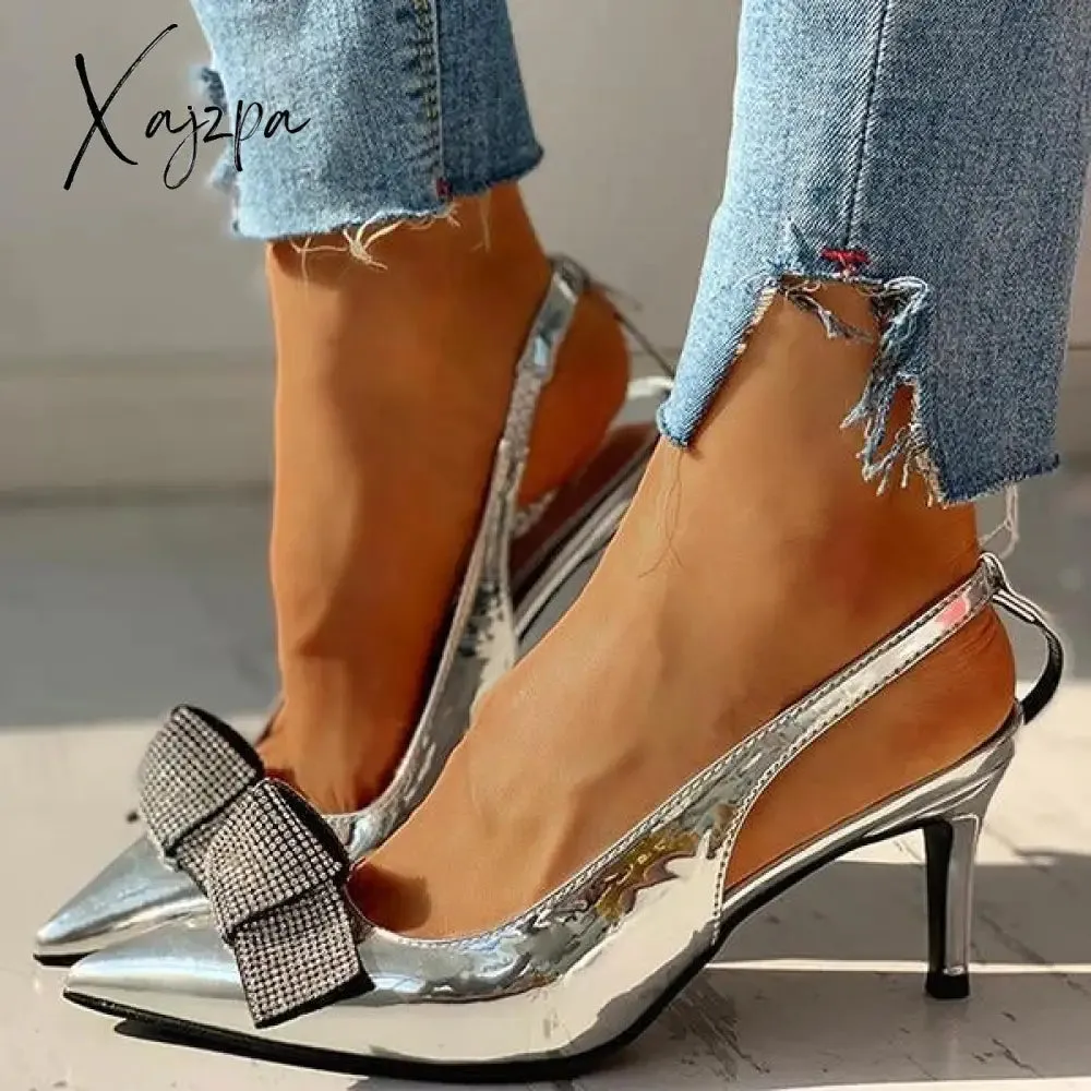 Xajzpa - Pointed Toe Studded Bowknot Slingback Thin Heels