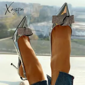 Xajzpa - Pointed Toe Studded Bowknot Slingback Thin Heels