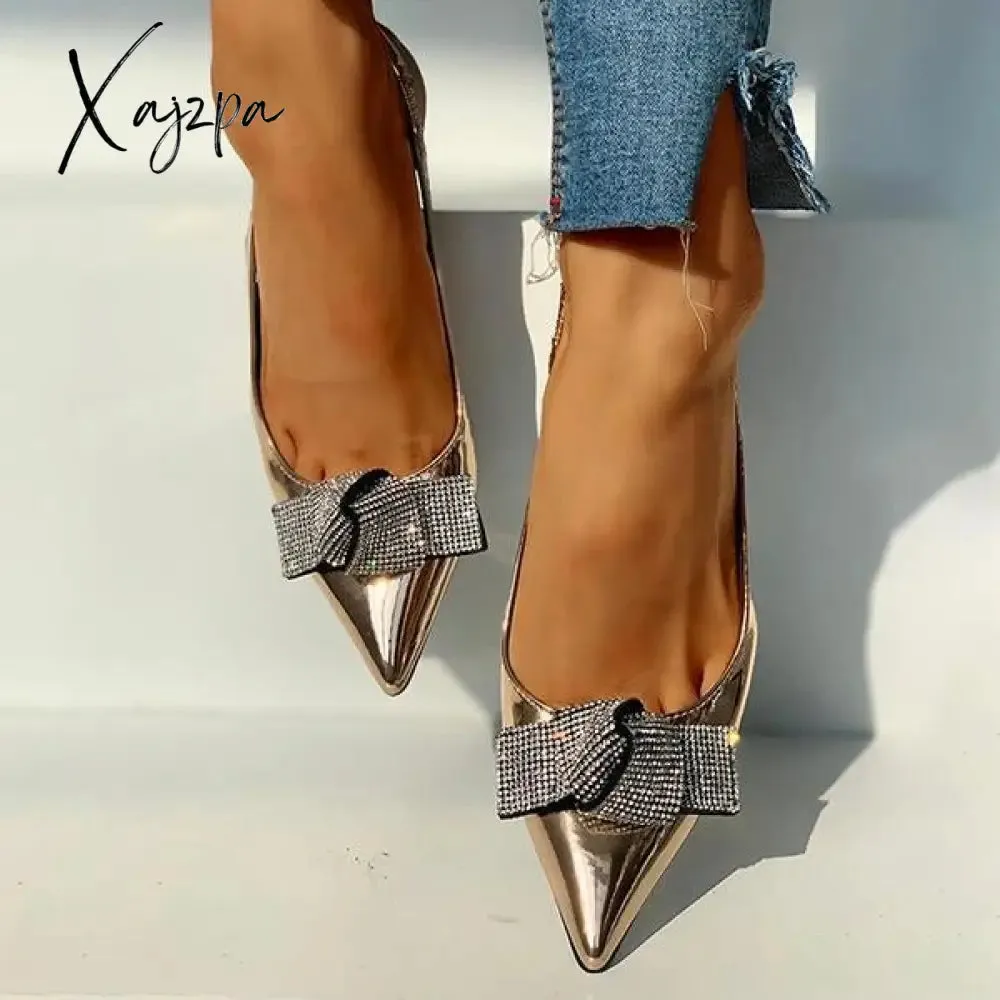 Xajzpa - Pointed Toe Studded Bowknot Slingback Thin Heels