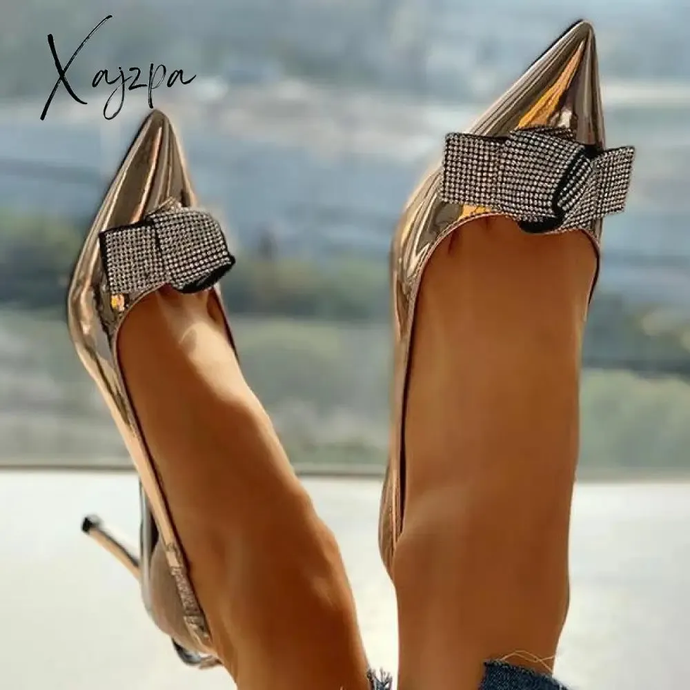 Xajzpa - Pointed Toe Studded Bowknot Slingback Thin Heels