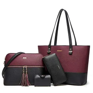 YTL Damen Handtasche Tote Shopper Groß Schultertasche Umhängetasche Geldbörse Kartenhalter Tasche 4-teiliges Set für Büro Schule Einkauf Reise Geschenk schwarz Wein