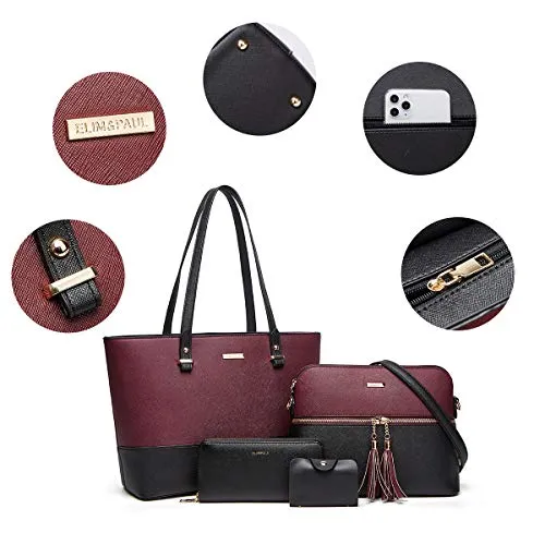 YTL Damen Handtasche Tote Shopper Groß Schultertasche Umhängetasche Geldbörse Kartenhalter Tasche 4-teiliges Set für Büro Schule Einkauf Reise Geschenk schwarz Wein